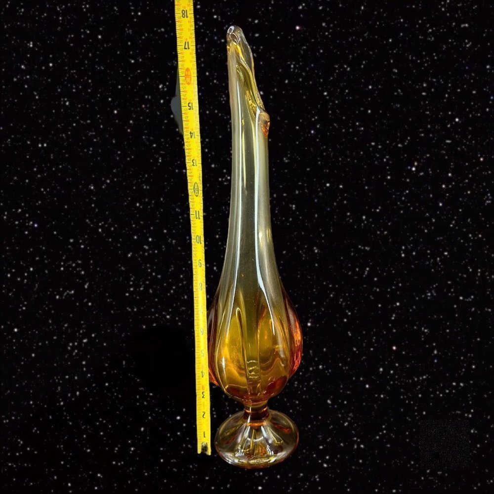 Viking Amber Stretch Swung 6 Petal Art Glass Vase Tall MCM Vintage 18"Tall 1.5"W - Picture 8 of 14